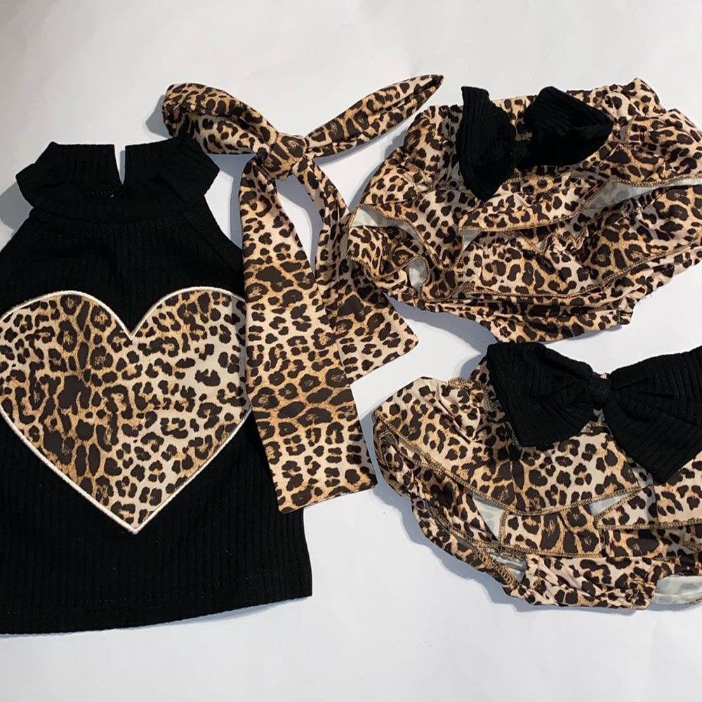 Baby girl leopard print outfit set summer tank bow ruffle butt shorts 0-3mo NEW